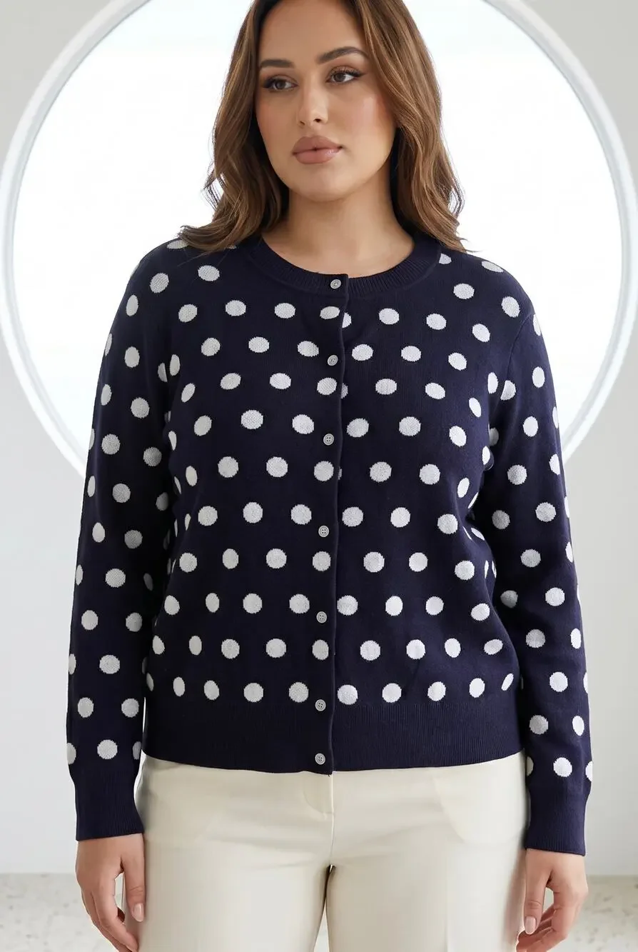 Polka Dot Navy Knit Cardigan Womens Plus Size 3X Preppy Soft Substantial Drapey